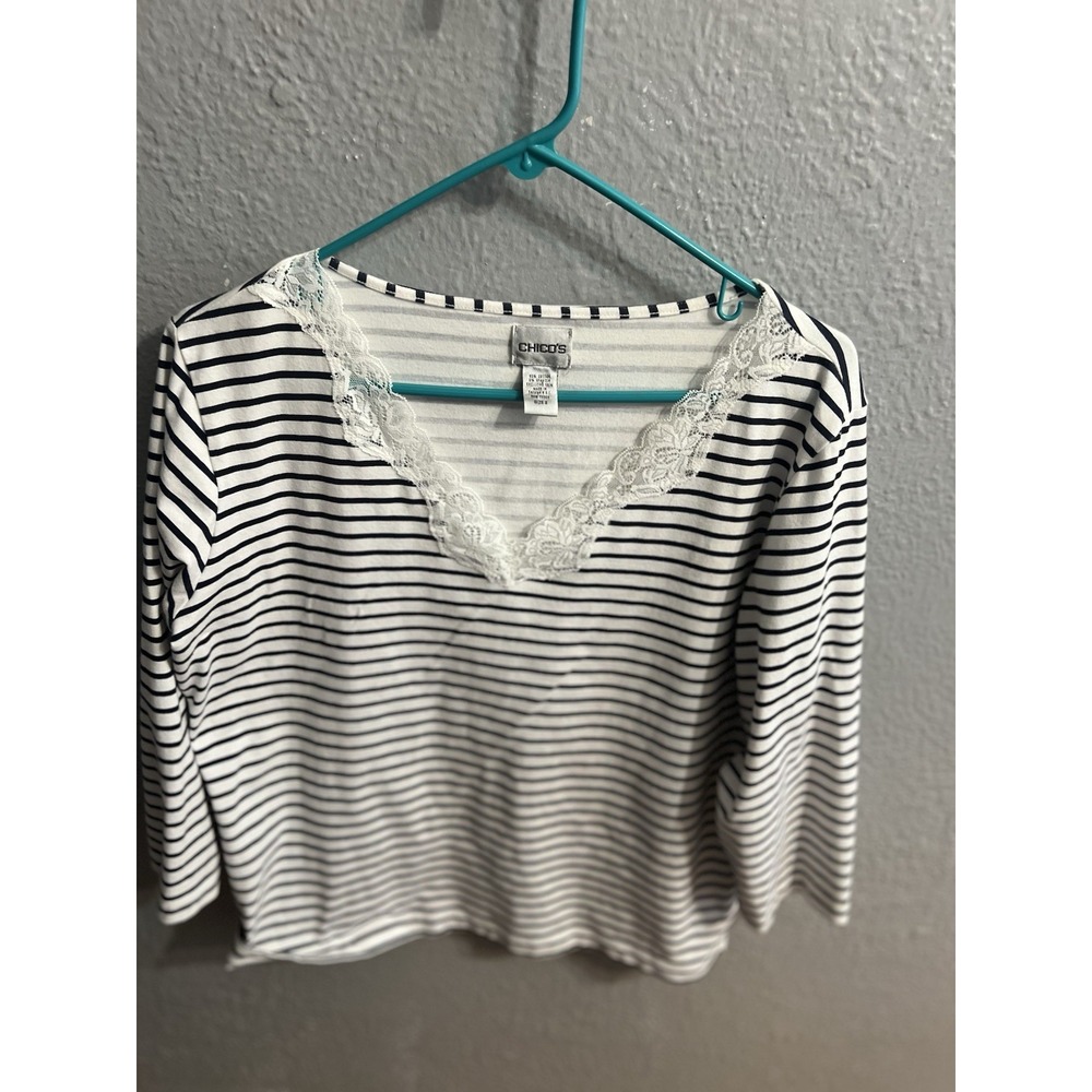 Chicos Blue & White Striped 3/4 Sleeve Womens Size 2‎ Blouse